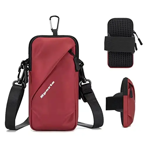 Cell Phone Holder Arm Band, Small Crossbody Shoulder Holsters Bag with Armband, Fits iPhone and All Cell Phones, Use for Running, Walking, Hiking & Biking (Plus Size,Red) - 1