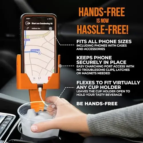 CELL PHONE SEAT - Cup Holder Phone Holder Mount for Car - Universal Adjustable Expander Cradle Hands-Free Driving - Compatible with All Smartphones iPhone Samsung Google Android Orange - 1