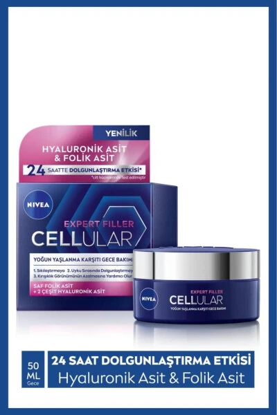 Cellular Expert Filler Yengil Anti-Aging Kechasi Yuzni Parvarish Krem 50ml, Gialuron Kislotasi, Folik Kislotasi - NIVEA