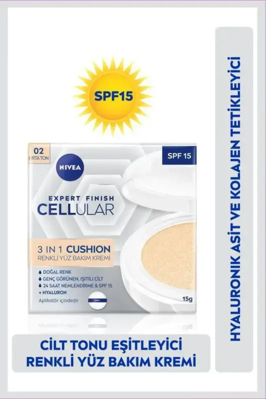 Cellular Expert Finish 3-in-1 Cushion Tinted Medium Tone Face Cream 15ml, Hyaluronic Acid and Collagen - NIVEA