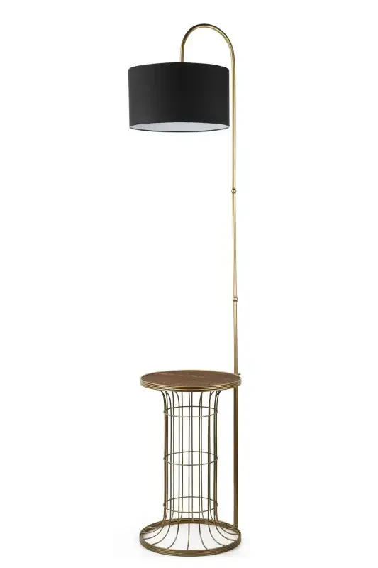 Cemre Floor Lamp Antiqued Walnut Wood Black Shade-Antiqued - Modazone