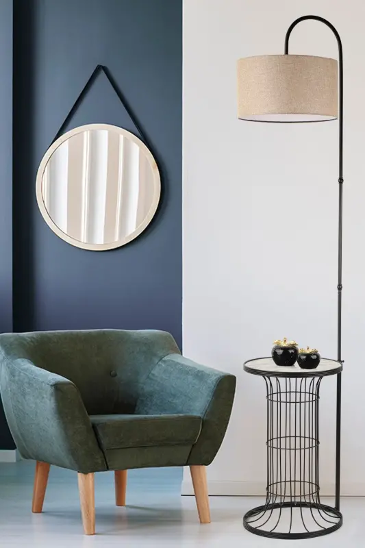 Cemre Floor Lamp Black Marble Wood Wicker Shade-Black - 2