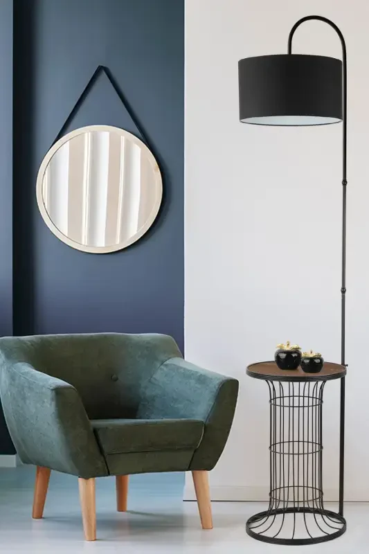 Cemre Floor Lamp Black Walnut Wood Black Shade-Black - 2