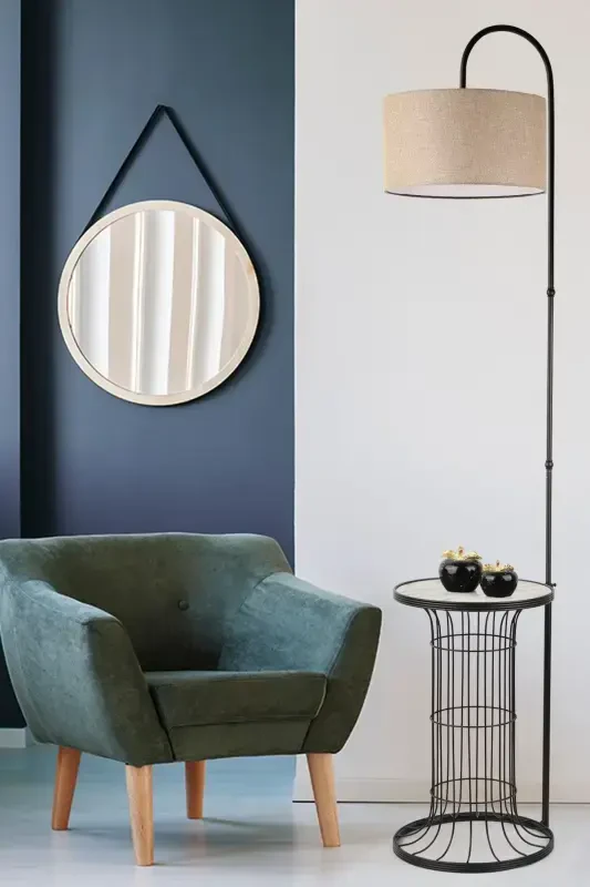 Cemre Sehpa Lambader Siyah Mermer Ahşap Hasır Şapka-Siyah - 2