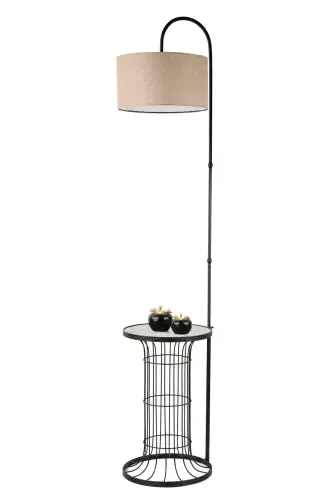 Cemre Sehpa Lambader Siyah Mermer Ahşap Hasır Şapka-Siyah - 3