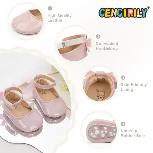 CENCIRILY Infant Baby Girls Mary Jane Flats Non Slip Soft Sole Prewalker Princess Wedding Dress Shoes - 4