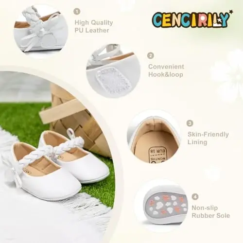 CENCIRILY Infant Baby Girls Mary Jane Flats Non Slip Soft Sole Prewalker Princess Wedding Dress Shoes - 4