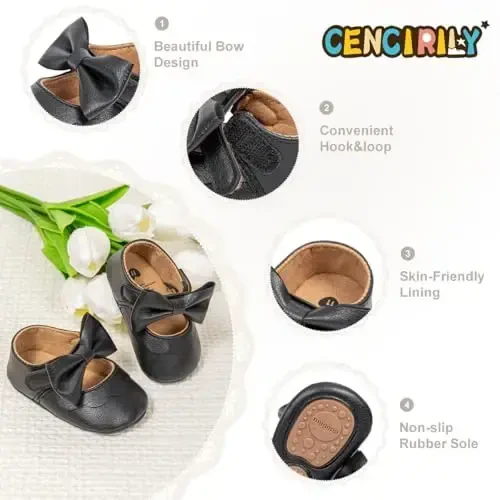 CENCIRILY Infant Baby Girls Mary Jane Flats Non Slip Soft Sole Prewalker Princess Wedding Dress Shoes - 4