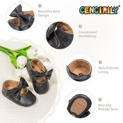 CENCIRILY Infant Baby Girls Mary Jane Flats Non Slip Soft Sole Prewalker Princess Wedding Dress Shoes - 4
