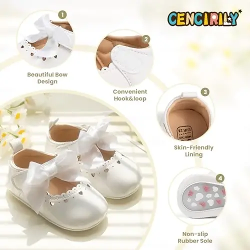 CENCIRILY Infant Baby Girls Mary Jane Flats Non Slip Soft Sole Prewalker Princess Wedding Dress Shoes - 4