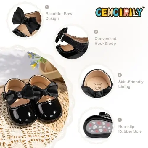 CENCIRILY Infant Baby Girls Mary Jane Flats Non Slip Soft Sole Prewalker Princess Wedding Dress Shoes - 4