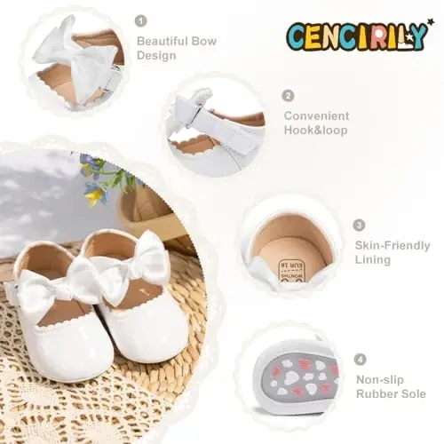 CENCIRILY Infant Baby Girls Mary Jane Flats Non Slip Soft Sole Prewalker Princess Wedding Dress Shoes - 4