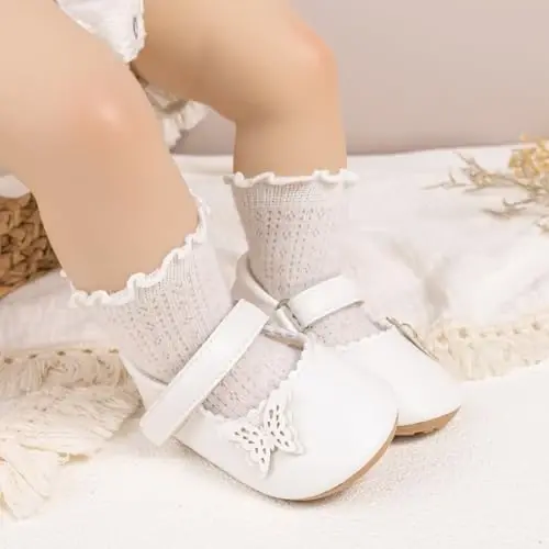 CENCIRILY Infant Baby Girls Mary Jane Flats Non Slip Soft Sole Prewalker Princess Wedding Dress Shoes - 2