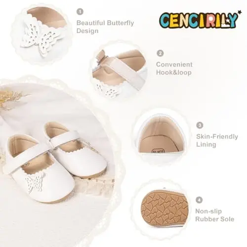 CENCIRILY Infant Baby Girls Mary Jane Flats Non Slip Soft Sole Prewalker Princess Wedding Dress Shoes - 4