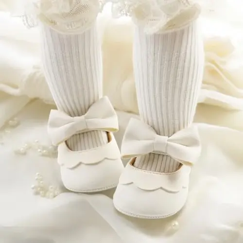 CENCIRILY Infant Baby Girls Mary Jane Flats Non Slip Soft Sole Prewalker Princess Wedding Dress Shoes - 2