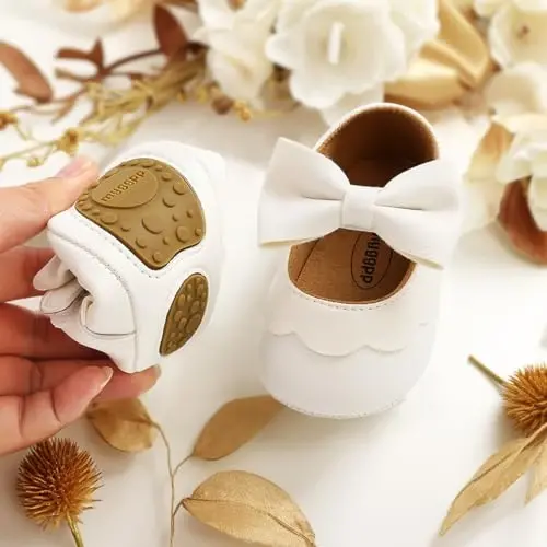 CENCIRILY Infant Baby Girls Mary Jane Flats Non Slip Soft Sole Prewalker Princess Wedding Dress Shoes - 3