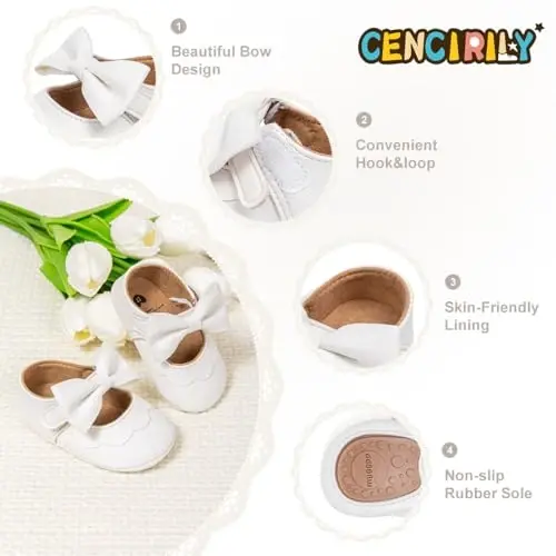 CENCIRILY Infant Baby Girls Mary Jane Flats Non Slip Soft Sole Prewalker Princess Wedding Dress Shoes - 4