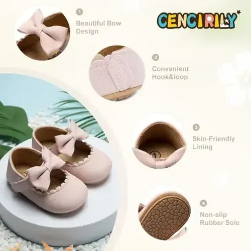 CENCIRILY Infant Baby Girls Mary Jane Flats Non Slip Soft Sole Prewalker Princess Wedding Dress Shoes - 4