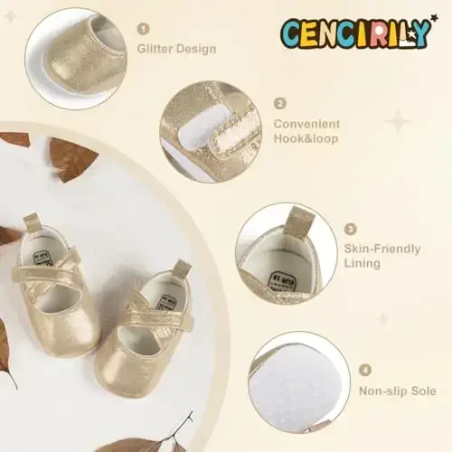 CENCIRILY Infant Baby Girls Mary Jane Flats Non Slip Soft Sole Prewalker Princess Wedding Dress Shoes - 4