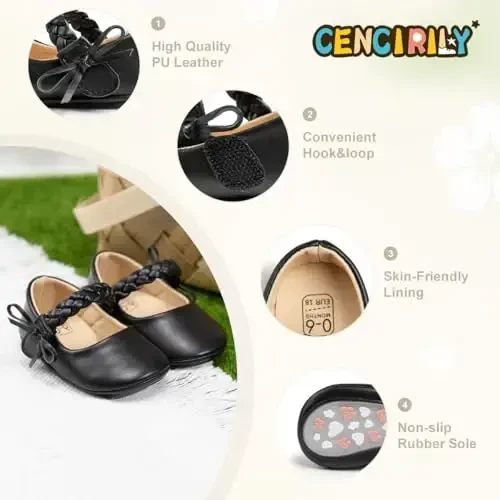 CENCIRILY Infant Baby Girls Mary Jane Flats Non Slip Soft Sole Prewalker Princess Wedding Dress Shoes - 4