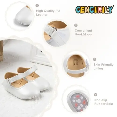 CENCIRILY Infant Baby Girls Mary Jane Flats Non Slip Soft Sole Prewalker Princess Wedding Dress Shoes - 9