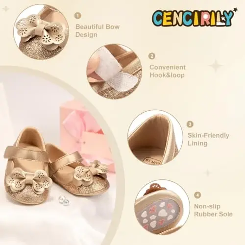 CENCIRILY Infant Baby Girls Mary Jane Flats Non Slip Soft Sole Prewalker Princess Wedding Dress Shoes - 4