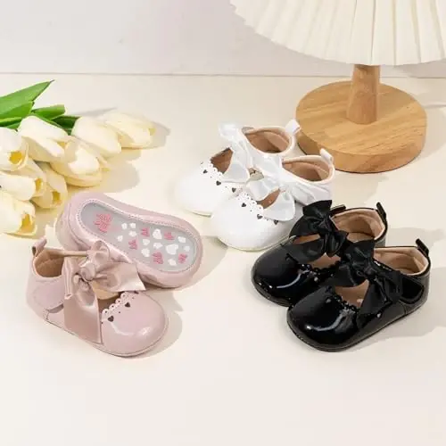 CENCIRILY Infant Baby Girls Mary Jane Flats Non Slip Soft Sole Prewalker Princess Wedding Dress Shoes - 2