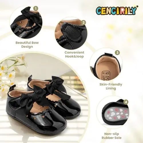 CENCIRILY Infant Baby Girls Mary Jane Flats Non Slip Soft Sole Prewalker Princess Wedding Dress Shoes - 4