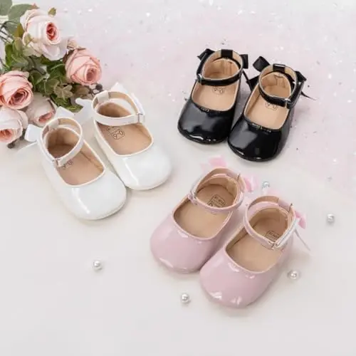 CENCIRILY Infant Baby Girls Mary Jane Flats Non Slip Soft Sole Prewalker Princess Wedding Dress Shoes - 2