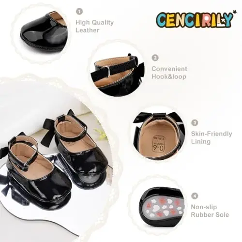 CENCIRILY Infant Baby Girls Mary Jane Flats Non Slip Soft Sole Prewalker Princess Wedding Dress Shoes - 4