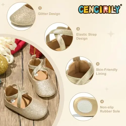 CENCIRILY Infant Baby Girls Mary Jane Flats Non Slip Soft Sole Prewalker Princess Wedding Dress Shoes - 4