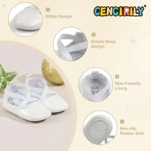 CENCIRILY Infant Baby Girls Mary Jane Flats Non Slip Soft Sole Prewalker Princess Wedding Dress Shoes - 4