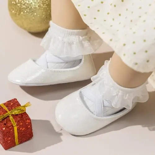 CENCIRILY Infant Baby Girls Mary Jane Flats Non Slip Soft Sole Prewalker Princess Wedding Dress Shoes - 2