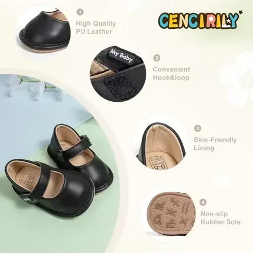 CENCIRILY Infant Baby Girls Mary Jane Flats Non Slip Soft Sole Prewalker Princess Wedding Dress Shoes - 4