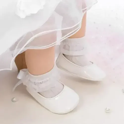 CENCIRILY Infant Baby Girls Mary Jane Flats Non Slip Soft Sole Prewalker Princess Wedding Dress Shoes - 3