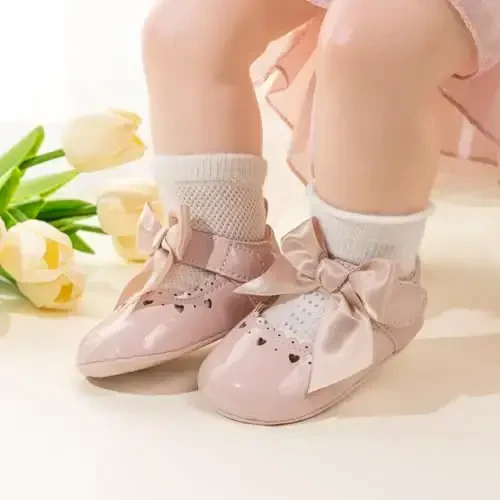 CENCIRILY Infant Baby Girls Mary Jane Flats Non Slip Soft Sole Prewalker Princess Wedding Dress Shoes - 3