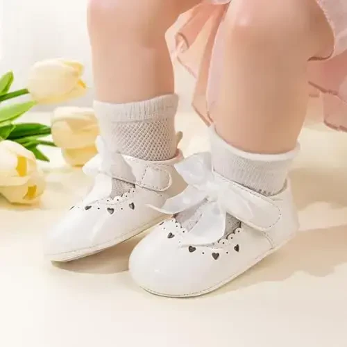 CENCIRILY Infant Baby Girls Mary Jane Flats Non Slip Soft Sole Prewalker Princess Wedding Dress Shoes - 3