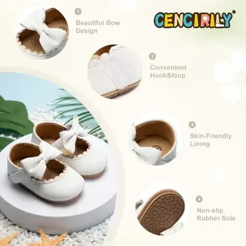 CENCIRILY Infant Baby Girls Mary Jane Flats Non Slip Soft Sole Prewalker Princess Wedding Dress Shoes - 4