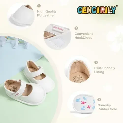 CENCIRILY Infant Baby Girls Mary Jane Flats Non Slip Soft Sole Prewalker Princess Wedding Dress Shoes - 4