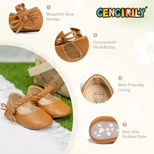 CENCIRILY Infant Baby Girls Mary Jane Flats Non Slip Soft Sole Prewalker Princess Wedding Dress Shoes - 4