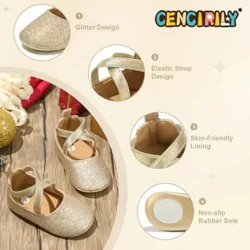 CENCIRILY Infant Baby Girls Mary Jane Flats Non Slip Soft Sole Prewalker Princess Wedding Dress Shoes - 4