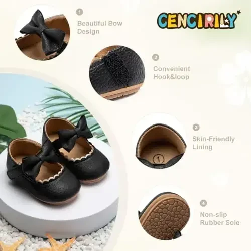 CENCIRILY Infant Baby Girls Mary Jane Flats Non Slip Soft Sole Prewalker Princess Wedding Dress Shoes - 4