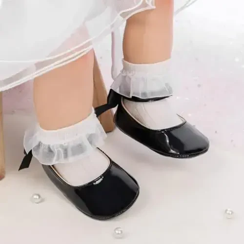 CENCIRILY Infant Baby Girls Mary Jane Flats Non Slip Soft Sole Prewalker Princess Wedding Dress Shoes - 3