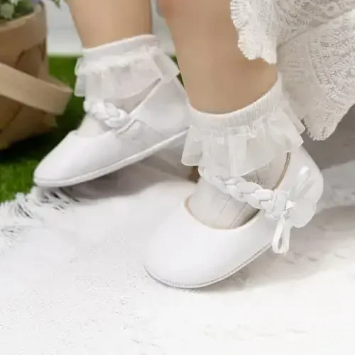CENCIRILY Infant Baby Girls Mary Jane Flats Non Slip Soft Sole Prewalker Princess Wedding Dress Shoes - 2