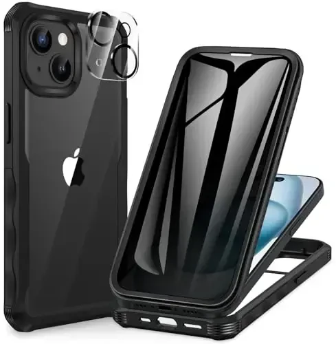 CENHUFO Case for iPhone 15 Plus, Privacy Phone Cover with Built-in Anti Peep Tempered Glass Privacy Screen Protector and Camera Protective, Full Body Shockproof Anti Spy Clear Double Bumper - Black - 6