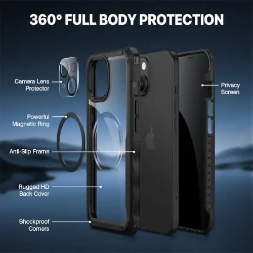 CENHUFO Case for iPhone 15 Plus, Privacy Phone Cover with Built-in Anti Peep Tempered Glass Privacy Screen Protector and Camera Protective, Full Body Shockproof Anti Spy Clear Double Bumper - Black - 5