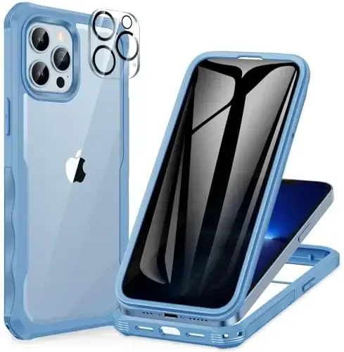 CENHUFO for iPhone 13 Pro Case, Privacy Phone Cover with Built-in Anti Peep Tempered Glass Privacy Screen Protector and Camera Protective, Full Body Shockproof Anti Spy Clear Double Bumper - Blue - 6