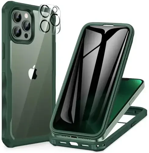 CENHUFO for iPhone 13 Pro Case, Privacy Phone Cover with Built-in Anti Peep Tempered Glass Privacy Screen Protector and Camera Protective, Full Body Shockproof Anti Spy Clear Double Bumper - Green - 6