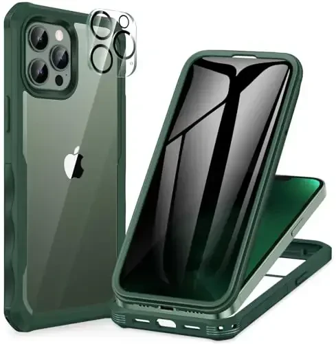CENHUFO for iPhone 13 Pro Max Case, Privacy Phone Cover with Built-in Anti Peep Tempered Glass Privacy Screen Protector and Camera Protective, Full Body Shockproof Spy Clear Double Bumper - Green - 6