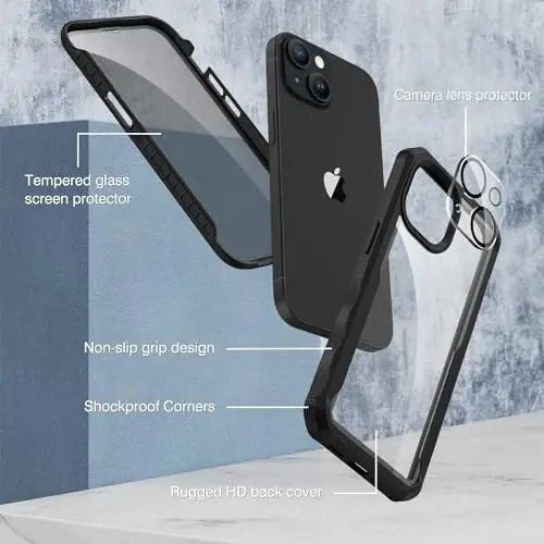 CENHUFO for iPhone 15 Case, Privacy Phone Cover with Built-in Anti Peep Tempered Glass Privacy Screen Protector and Camera Lens Protective, Full Body Shockproof Anti Spy Clear Double Bumper - Black - 3